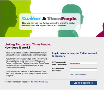 Login Screen for NY Times (Twitter Connect)